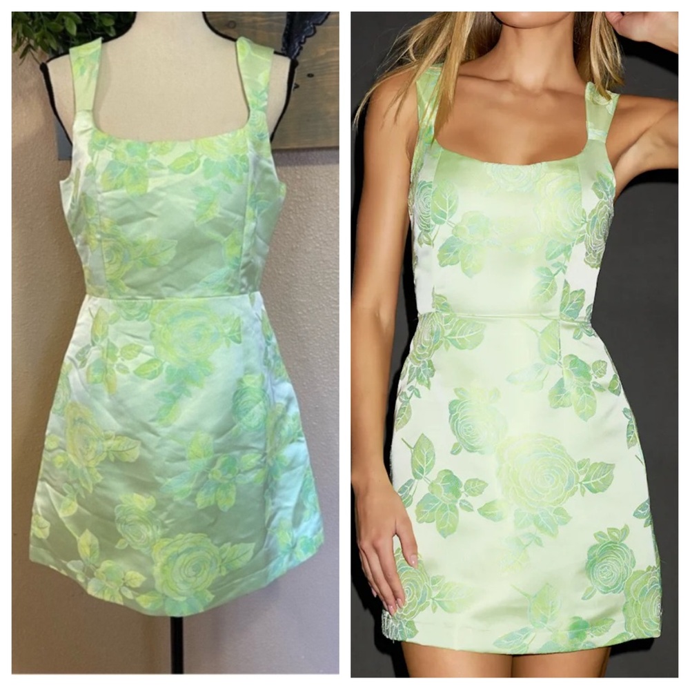 Lulus Brighter Side Light Green Floral Satin Jacquard Mini Dress